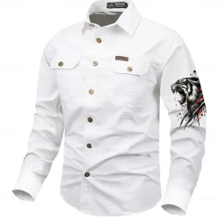 Best OUKU Men's Tiger Work Shirt Western Shirt Cargo Shirt Long Sleeve Vintage Casual Western Style Sports & Outdoor Going out Winter Spring & Fall Turndown Print Black White Army Green Red Blue