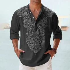 OUKU Men's Totem Ethnic Shirt Button Up Shirt Long Sleeve Fashion Streetwear Designer Outdoor Daily Summer Spring Fall Stand Collar Print Black White Pink Army Green Blue