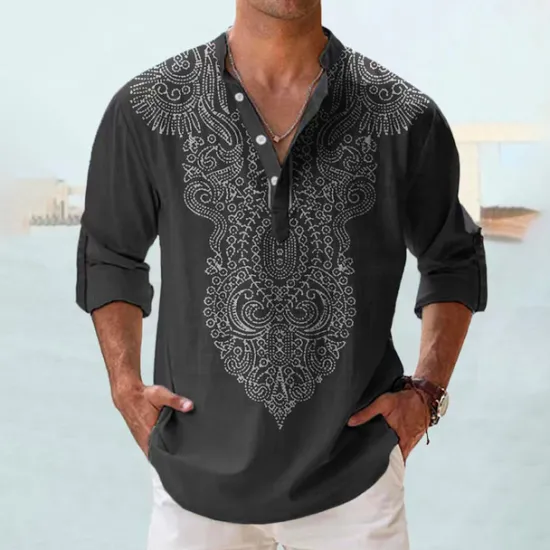 OUKU Men's Totem Ethnic Shirt Button Up Shirt Long Sleeve Fashion Streetwear Designer Outdoor Daily Summer Spring Fall Stand Collar Print Black White Pink Army Green Blue