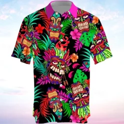 Outlet OUKU Men's Totem Shirt Summer Hawaiian Shirt Aloha Shirt Short Sleeve Shirt Turndown Vacation Hawaiian Outdoor Vacation Hawaiian Blue Fuchsia Green S M L