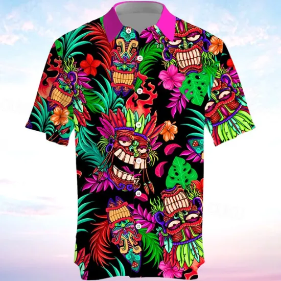 Outlet OUKU Men's Totem Shirt Summer Hawaiian Shirt Aloha Shirt Short Sleeve Shirt Turndown Vacation Hawaiian Outdoor Vacation Hawaiian Blue Fuchsia Green S M L