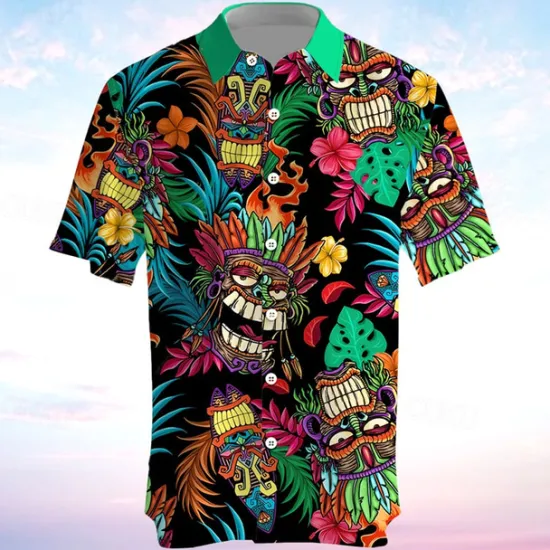 Outlet OUKU Men's Totem Shirt Summer Hawaiian Shirt Aloha Shirt Short Sleeve Shirt Turndown Vacation Hawaiian Outdoor Vacation Hawaiian Blue Fuchsia Green S M L