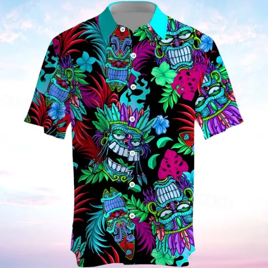 Outlet OUKU Men's Totem Shirt Summer Hawaiian Shirt Aloha Shirt Short Sleeve Shirt Turndown Vacation Hawaiian Outdoor Vacation Hawaiian Blue Fuchsia Green S M L