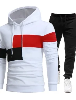 Online OUKU Men's Tracksuit Gym Shirt GYM Pants Workout Outfits Hooded Sports & Outdoor Daily Holiday Quick Dry Soft Color Block Black White Khaki Activewear Streetwear Sport Fall & Winter