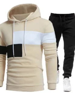 Online OUKU Men's Tracksuit Gym Shirt GYM Pants Workout Outfits Hooded Sports & Outdoor Daily Holiday Quick Dry Soft Color Block Black White Khaki Activewear Streetwear Sport Fall & Winter