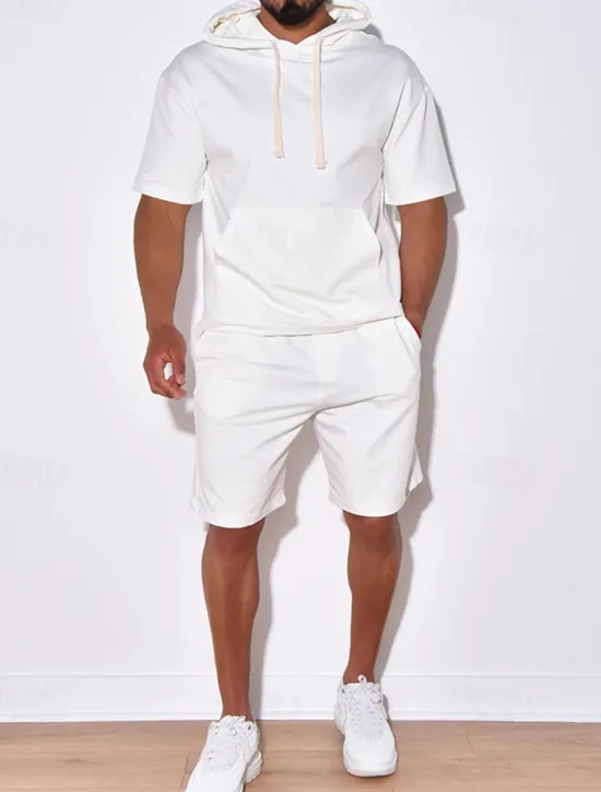 New OUKU Men's Tracksuit Hoodie & Shorts Outfit Set Hoodie Outdoor Daily Sports Pocket Drawstring Plain Black White Blue Polyester Activewear Streetwear Lightweight Summer