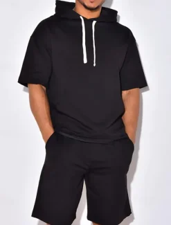 New OUKU Men's Tracksuit Hoodie & Shorts Outfit Set Hoodie Outdoor Daily Sports Pocket Drawstring Plain Black White Blue Polyester Activewear Streetwear Lightweight Summer