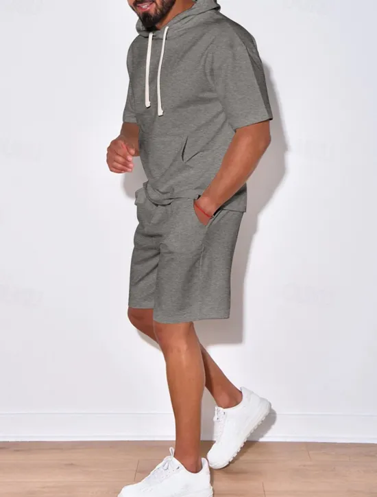 New OUKU Men's Tracksuit Hoodie & Shorts Outfit Set Hoodie Outdoor Daily Sports Pocket Drawstring Plain Black White Blue Polyester Activewear Streetwear Lightweight Summer