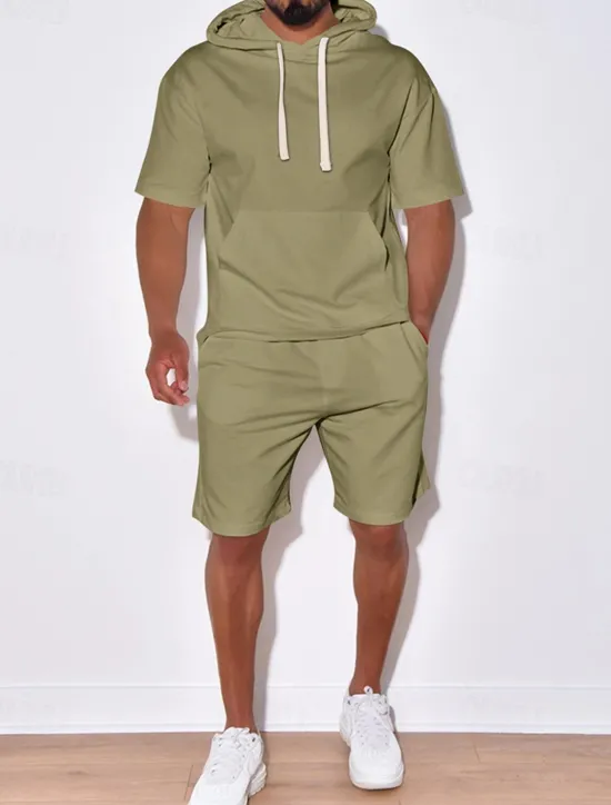 New OUKU Men's Tracksuit Hoodie & Shorts Outfit Set Hoodie Outdoor Daily Sports Pocket Drawstring Plain Black White Blue Polyester Activewear Streetwear Lightweight Summer