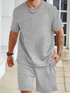 OUKU Men's Tracksuit Outfit Set Shorts Crew Neck Outdoor Daily Sports Pocket Drawstring 2 Piece Plain Black White Khaki Polyester Activewear Classic Casual Summer