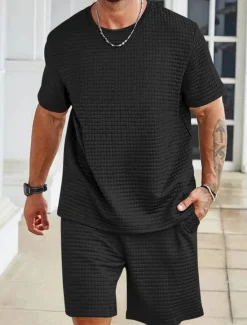 OUKU Men's Tracksuit Outfit Set Shorts Crew Neck Outdoor Daily Sports Pocket Drawstring 2 Piece Plain Black White Khaki Polyester Activewear Classic Casual Summer
