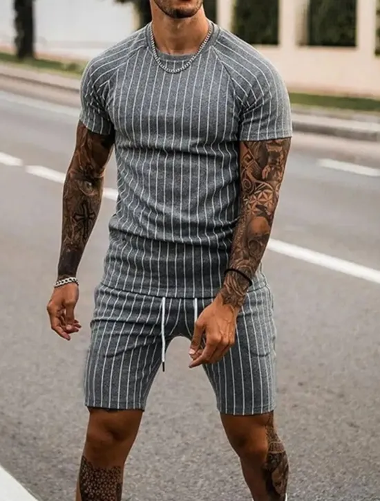 Sale OUKU Men's Tracksuit Outfit Set Shorts Crew Neck Outdoor Daily Sports Pocket Drawstring 2 Piece Stripes Royal Blue Khaki Light Grey Polyester Activewear Classic Casual Summer