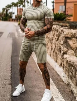 Sale OUKU Men's Tracksuit Outfit Set Shorts Crew Neck Outdoor Daily Sports Pocket Drawstring 2 Piece Stripes Royal Blue Khaki Light Grey Polyester Activewear Classic Casual Summer
