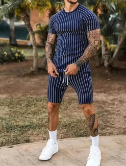 Sale OUKU Men's Tracksuit Outfit Set Shorts Crew Neck Outdoor Daily Sports Pocket Drawstring 2 Piece Stripes Royal Blue Khaki Light Grey Polyester Activewear Classic Casual Summer