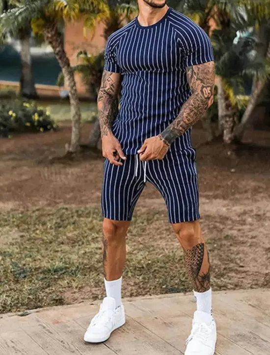 Sale OUKU Men's Tracksuit Outfit Set Shorts Crew Neck Outdoor Daily Sports Pocket Drawstring 2 Piece Stripes Royal Blue Khaki Light Grey Polyester Activewear Classic Casual Summer