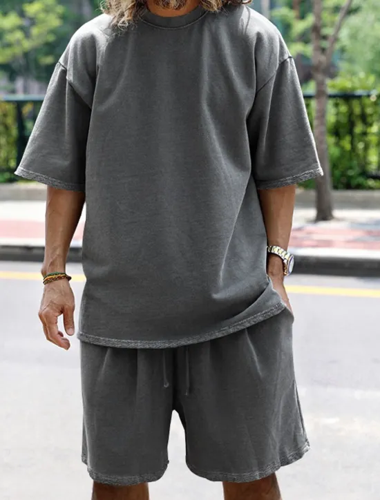 Discount OUKU Men's Tracksuit Outfit Set Shorts Crew Neck Outdoor Daily Sports Pocket Drawstring 2 Piece Plain Black White Navy Blue Polyester Activewear Classic Casual Summer