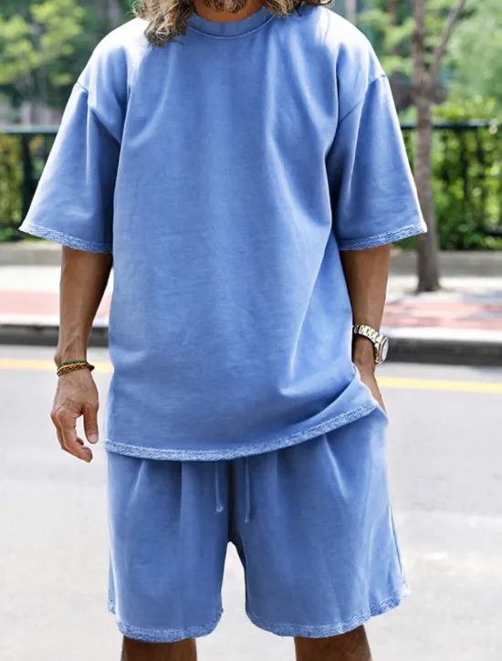 Discount OUKU Men's Tracksuit Outfit Set Shorts Crew Neck Outdoor Daily Sports Pocket Drawstring 2 Piece Plain Black White Navy Blue Polyester Activewear Classic Casual Summer