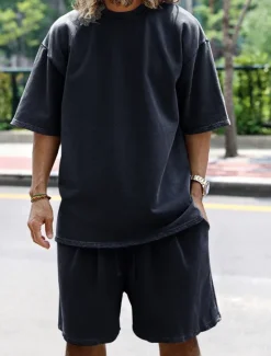 Discount OUKU Men's Tracksuit Outfit Set Shorts Crew Neck Outdoor Daily Sports Pocket Drawstring 2 Piece Plain Black White Navy Blue Polyester Activewear Classic Casual Summer