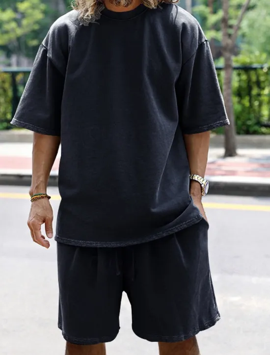 Discount OUKU Men's Tracksuit Outfit Set Shorts Crew Neck Outdoor Daily Sports Pocket Drawstring 2 Piece Plain Black White Navy Blue Polyester Activewear Classic Casual Summer