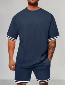 Outlet OUKU Men's Tracksuit Outfit Set Shorts Crew Neck Outdoor Daily Sports Pocket Drawstring 2 Piece Color Block Striped Black Red Navy Blue Polyester Activewear Classic Casual Summer