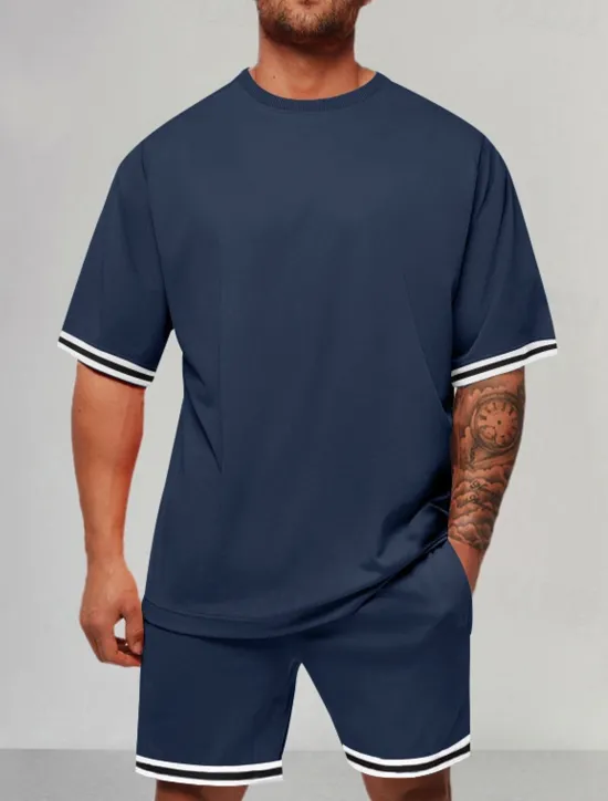 Outlet OUKU Men's Tracksuit Outfit Set Shorts Crew Neck Outdoor Daily Sports Pocket Drawstring 2 Piece Color Block Striped Black Red Navy Blue Polyester Activewear Classic Casual Summer