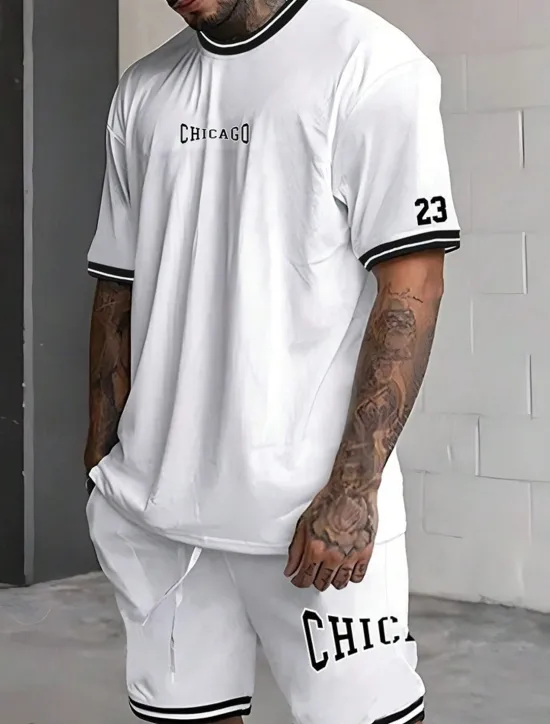 Hot OUKU Men's Tracksuit Outfit Set Shorts Crew Neck Outdoor Daily Sports Pocket Drawstring 2 Piece Graphic Letter Black White Light Green Polyester Activewear Streetwear Casual Summer