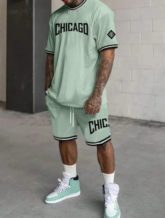 Hot OUKU Men's Tracksuit Outfit Set Shorts Crew Neck Outdoor Daily Sports Pocket Drawstring 2 Piece Graphic Letter Black White Light Green Polyester Activewear Streetwear Casual Summer