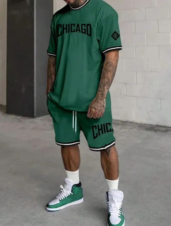 Hot OUKU Men's Tracksuit Outfit Set Shorts Crew Neck Outdoor Daily Sports Pocket Drawstring 2 Piece Graphic Letter Black White Light Green Polyester Activewear Streetwear Casual Summer