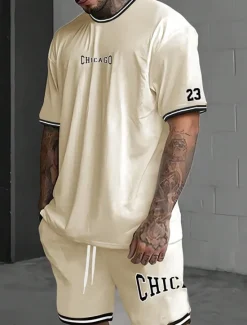 Hot OUKU Men's Tracksuit Outfit Set Shorts Crew Neck Outdoor Daily Sports Pocket Drawstring 2 Piece Graphic Letter Black White Light Green Polyester Activewear Streetwear Casual Summer