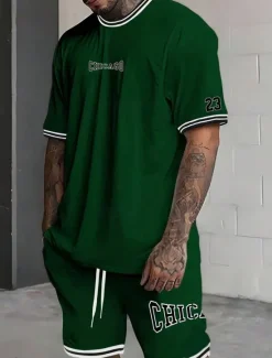 Hot OUKU Men's Tracksuit Outfit Set Shorts Crew Neck Outdoor Daily Sports Pocket Drawstring 2 Piece Graphic Letter Black White Light Green Polyester Activewear Streetwear Casual Summer