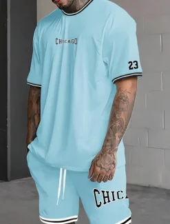 Hot OUKU Men's Tracksuit Outfit Set Shorts Crew Neck Outdoor Daily Sports Pocket Drawstring 2 Piece Graphic Letter Black White Light Green Polyester Activewear Streetwear Casual Summer