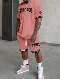 Hot OUKU Men's Tracksuit Outfit Set Shorts Crew Neck Outdoor Daily Sports Pocket Drawstring 2 Piece Graphic Letter Black White Light Green Polyester Activewear Streetwear Casual Summer