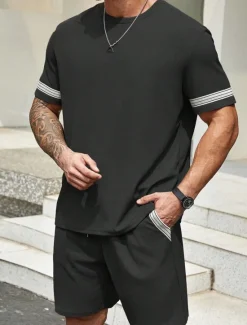 Best OUKU Men's Tracksuit Outfit Set Shorts Crew Neck Outdoor Daily Sports Pocket Drawstring 2 Piece Color Block Striped Black Purple Khaki Polyester Activewear Classic Casual Summer