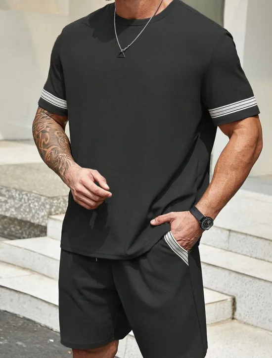 Best OUKU Men's Tracksuit Outfit Set Shorts Crew Neck Outdoor Daily Sports Pocket Drawstring 2 Piece Color Block Striped Black Purple Khaki Polyester Activewear Classic Casual Summer