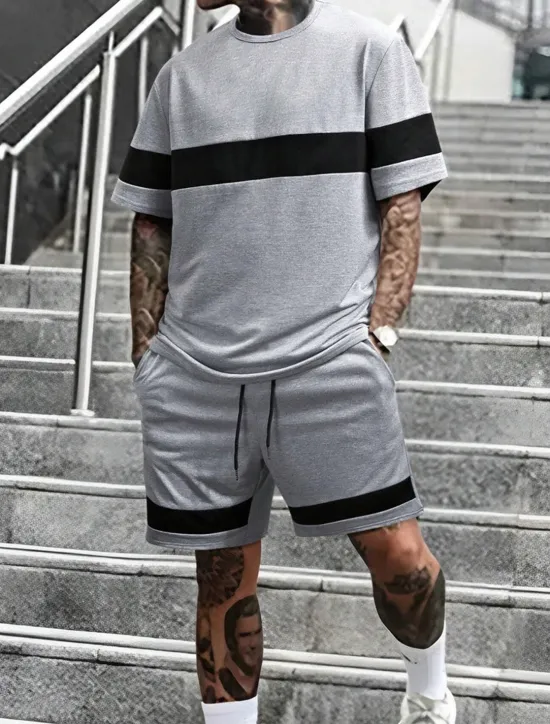 Hot OUKU Men's Tracksuit Outfit Set Shorts Crew Neck Outdoor Daily Sports Pocket Drawstring 2 Piece Color Block Light Grey Dark Grey Polyester Activewear Classic Casual Summer