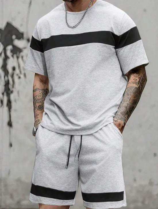 Hot OUKU Men's Tracksuit Outfit Set Shorts Crew Neck Outdoor Daily Sports Pocket Drawstring 2 Piece Color Block Light Grey Dark Grey Polyester Activewear Classic Casual Summer