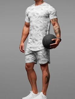 Discount OUKU Men's Tracksuit Outfit Set Shorts Crew Neck Outdoor Daily Sports Pocket Drawstring 2 Piece Camouflage White Dark Grey Army Green Polyester Activewear Classic Casual Summer