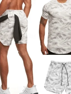 Discount OUKU Men's Tracksuit Outfit Set Shorts Crew Neck Outdoor Daily Sports Pocket Drawstring 2 Piece Camouflage White Dark Grey Army Green Polyester Activewear Classic Casual Summer