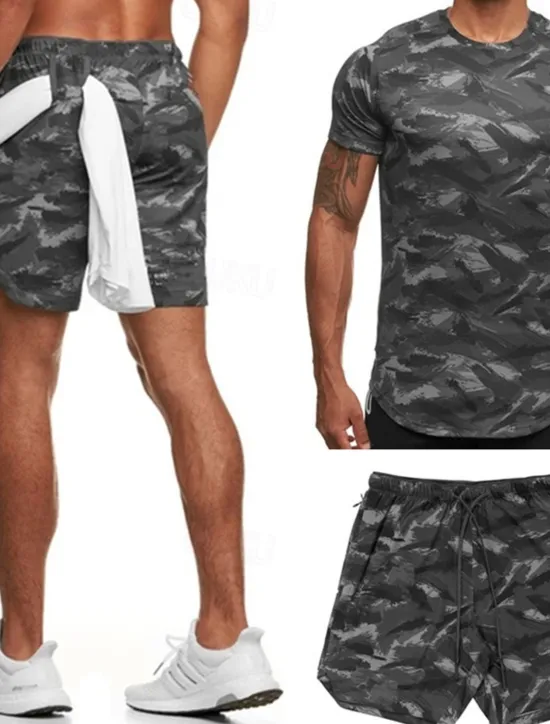 Discount OUKU Men's Tracksuit Outfit Set Shorts Crew Neck Outdoor Daily Sports Pocket Drawstring 2 Piece Camouflage White Dark Grey Army Green Polyester Activewear Classic Casual Summer