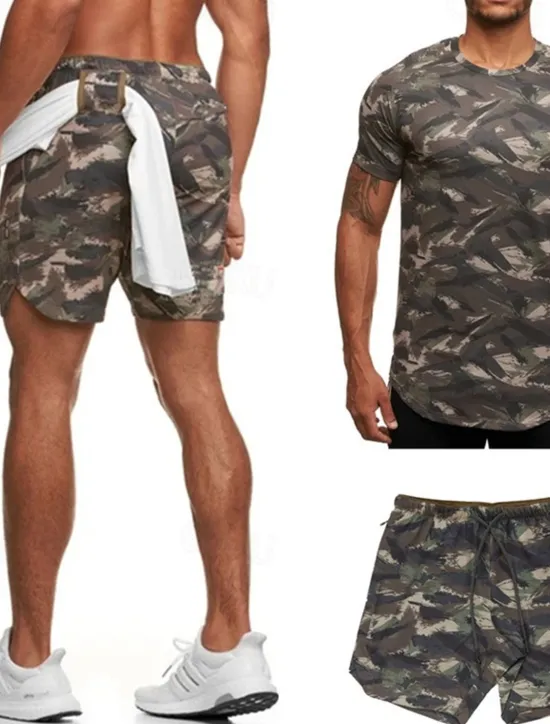 Discount OUKU Men's Tracksuit Outfit Set Shorts Crew Neck Outdoor Daily Sports Pocket Drawstring 2 Piece Camouflage White Dark Grey Army Green Polyester Activewear Classic Casual Summer