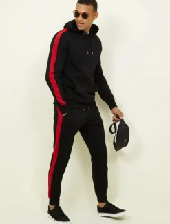 Clearance OUKU Men's Tracksuit Sweatsuit Activewear Set Pullover Hoodie Sweatshirt Jogging Suits Black White Yellow Red Dark Gray Hooded Solid Color Stripes Sports & Outdoor Going out Sportswear Sportswear Workout