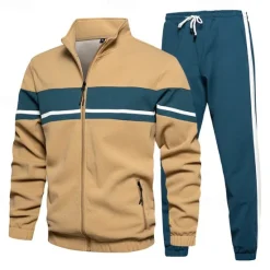 Hot OUKU Men's Tracksuit Sweatsuit Full Zip Sweatshirt Black Green Khaki Standing Collar Color Block Patchwork 2 Piece Sports & Outdoor Daily Holiday Streetwear Basic Casual Spring & Fall Clothing Apparel