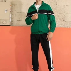 Hot OUKU Men's Tracksuit Sweatsuit Full Zip Sweatshirt Black Green Khaki Standing Collar Color Block Patchwork 2 Piece Sports & Outdoor Daily Holiday Streetwear Basic Casual Spring & Fall Clothing Apparel
