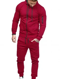 Hot OUKU Men's Tracksuit Sweatsuit Full Zip Hoodie Jogging Suits Black Wine Army Green Navy Blue Dark Gray Hooded Solid Color Zipper 2 Piece Sports & Outdoor Daily Fitness Cotton Basic Sportswear Spring