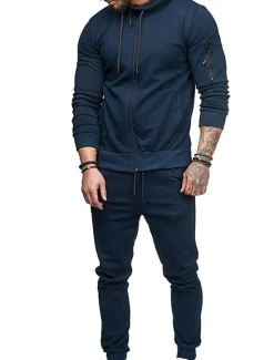 Hot OUKU Men's Tracksuit Sweatsuit Full Zip Hoodie Jogging Suits Black Wine Army Green Navy Blue Dark Gray Hooded Solid Color Zipper 2 Piece Sports & Outdoor Daily Fitness Cotton Basic Sportswear Spring