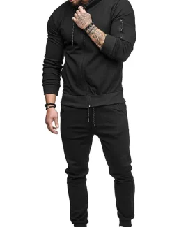 Hot OUKU Men's Tracksuit Sweatsuit Full Zip Hoodie Jogging Suits Black Wine Army Green Navy Blue Dark Gray Hooded Solid Color Zipper 2 Piece Sports & Outdoor Daily Fitness Cotton Basic Sportswear Spring