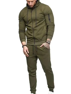 Hot OUKU Men's Tracksuit Sweatsuit Full Zip Hoodie Jogging Suits Black Wine Army Green Navy Blue Dark Gray Hooded Solid Color Zipper 2 Piece Sports & Outdoor Daily Fitness Cotton Basic Sportswear Spring
