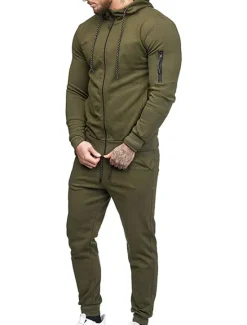 Hot OUKU Men's Tracksuit Sweatsuit Full Zip Hoodie Jogging Suits Black Wine Army Green Navy Blue Dark Gray Hooded Solid Color Zipper 2 Piece Sports & Outdoor Daily Fitness Cotton Basic Sportswear Spring