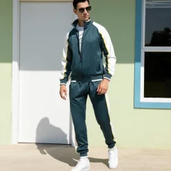 Online OUKU Men's Tracksuit Sweatsuit Jogging Suits Black Blue Green Gray Standing Collar Color Block Patchwork 2 Piece Sports & Outdoor Daily Sports Basic Casual Big and Tall Fall Spring Clothing Apparel Hoodies