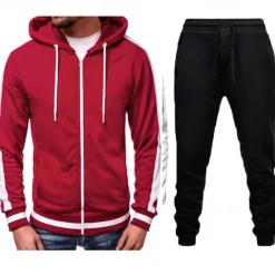 Clearance OUKU Men's Tracksuit Sweatsuit Zip Hoodie Sweatshirt Hoodie Jacket Jogging Suits Red & Black Black+Light Grey Dark Grey+Light Grey Red+Light Grey Red+Dark Grey Hooded Color Block Drawstring 2 Piece Sports